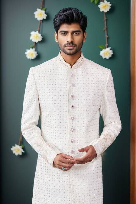 Arihant Rai Sinha Off White Silk Embroidery Florin Jaal Sherwani Set Online at Aza Fashions Arihant Rai Sinha_Off White Silk Embroidery Florin Jaal Sherwani Set _Online_at_Aza_Fashions