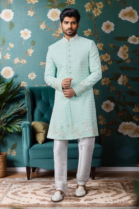 Arihant Rai Sinha Off White Cotton, Silk, Faux Leather Embroidery Flora Jaal Sherwani And Churidar Online at Aza Fashions Arihant Rai Sinha_Off White Cotton, Silk, Faux Leather Embroidery Flora Jaal Sherwani And Churidar _Online_at_Aza_Fashions