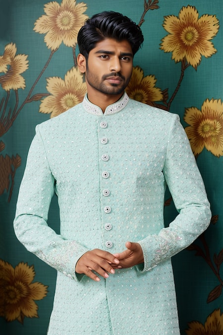 Buy Arihant Rai Sinha Off White Cotton, Silk, Faux Leather Embroidery Flora Jaal Sherwani And Churidar Online at Aza Fashions Buy_Arihant Rai Sinha_Off White Cotton, Silk, Faux Leather Embroidery Flora Jaal Sherwani And Churidar _Online_at_Aza_Fashions