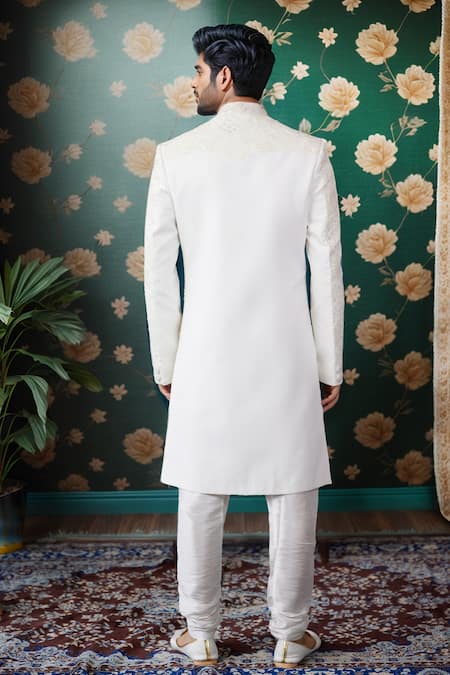 Shop Arihant Rai Sinha Off White Silk, Faux Leather Embroidery Celeste Bloom Sherwani And Churidar at Aza Fashions Shop_Arihant Rai Sinha_Off White Silk, Faux Leather Embroidery Celeste Bloom Sherwani And Churidar _at_Aza_Fashions