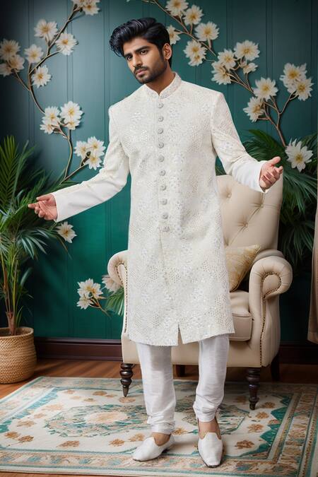 Buy Arihant Rai Sinha Off White Silk, Faux Leather Embroidery Celeste Bloom Sherwani And Churidar Online at Aza Fashions Buy_Arihant Rai Sinha_Off White Silk, Faux Leather Embroidery Celeste Bloom Sherwani And Churidar _Online_at_Aza_Fashions