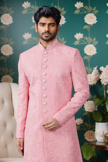 Arihant Rai Sinha_Off White Silk, Faux Leather Embroidery Celeste Blossom Sherwani _Online_at_Aza_Fashions