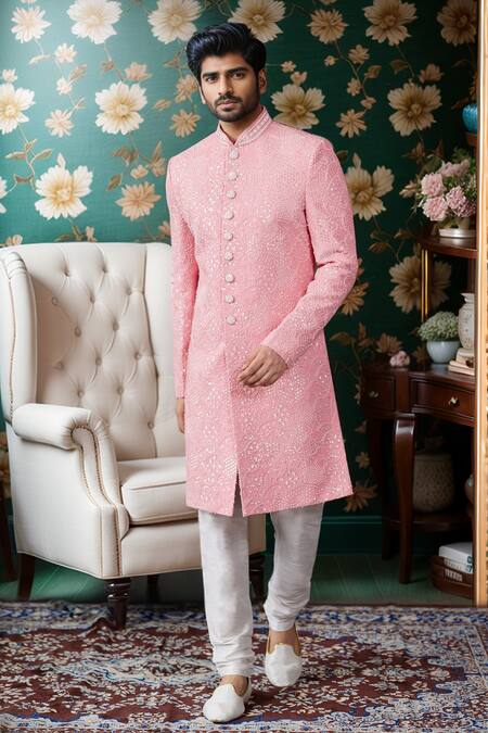 Buy_Arihant Rai Sinha_Off White Silk, Faux Leather Embroidery Celeste Blossom Sherwani _Online_at_Aza_Fashions