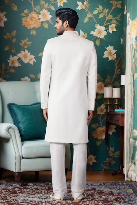 Shop Arihant Rai Sinha Off White Silk Embroidery Jaal Sherwani And Churidar at Aza Fashions Shop_Arihant Rai Sinha_Off White Silk Embroidery Jaal Sherwani And Churidar _at_Aza_Fashions