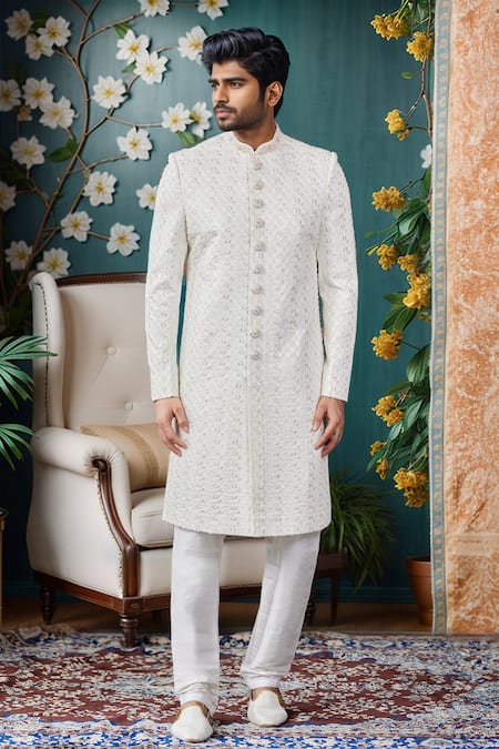 Buy Arihant Rai Sinha Off White Silk Embroidery Jaal Sherwani And Churidar Online at Aza Fashions Buy_Arihant Rai Sinha_Off White Silk Embroidery Jaal Sherwani And Churidar _Online_at_Aza_Fashions
