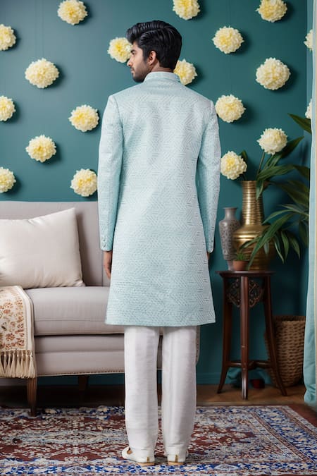 Shop Arihant Rai Sinha Off White Cotton, Silk Sequins Blue Jaal Embroidered Sherwani Set at Aza Fashions Shop_Arihant Rai Sinha_Off White Cotton, Silk Sequins Blue Jaal Embroidered Sherwani Set _at_Aza_Fashions