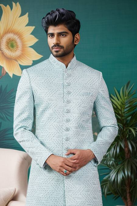 Arihant Rai Sinha Off White Cotton, Silk Sequins Blue Jaal Embroidered Sherwani Set Online at Aza Fashions Arihant Rai Sinha_Off White Cotton, Silk Sequins Blue Jaal Embroidered Sherwani Set _Online_at_Aza_Fashions