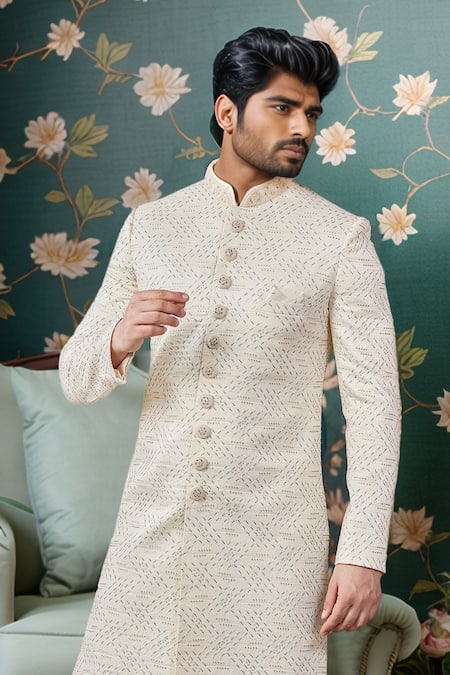 Arihant Rai Sinha_Cream Silk Embroidery Tikki Jaal Sherwani And Churidar _Online_at_Aza_Fashions