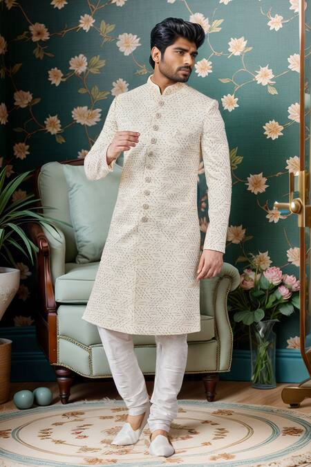 Buy_Arihant Rai Sinha_Cream Silk Embroidery Tikki Jaal Sherwani And Churidar _Online_at_Aza_Fashions