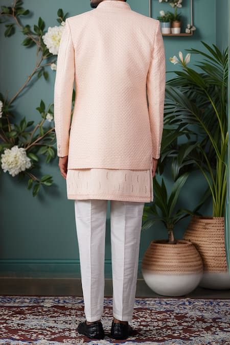 Arihant Rai Sinha Peach Silk, Faux Leather Sequins, Embroidery Sherwani Set Online at Aza Fashions Arihant Rai Sinha_Peach Silk, Faux Leather Sequins, Embroidery Sherwani Set _Online_at_Aza_Fashions