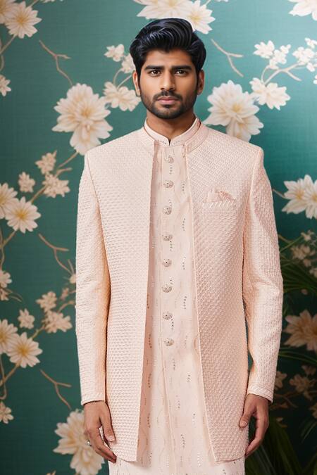 Buy Arihant Rai Sinha Peach Silk, Faux Leather Sequins, Embroidery Sherwani Set Online at Aza Fashions Buy_Arihant Rai Sinha_Peach Silk, Faux Leather Sequins, Embroidery Sherwani Set _Online_at_Aza_Fashions
