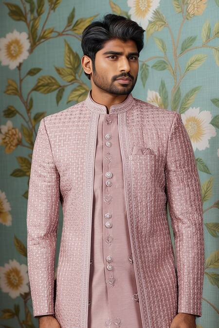 Arihant Rai Sinha_Pink Silk Embroidery Layered Sherwani With Aligadhi Pant _Online_at_Aza_Fashions