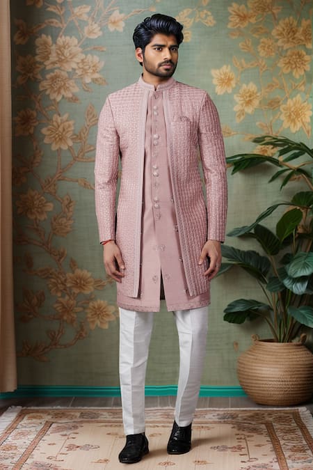Arihant Rai Sinha Pink Silk Embroidery Layered Sherwani With Aligadhi Pant 