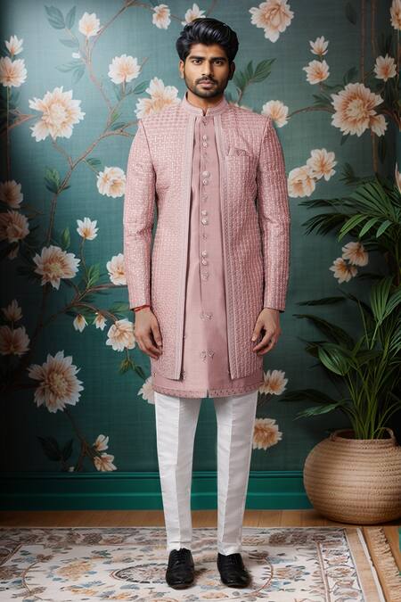 Buy_Arihant Rai Sinha_Pink Silk Embroidery Layered Sherwani With Aligadhi Pant _Online_at_Aza_Fashions