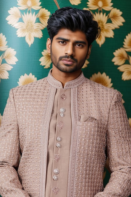 Arihant Rai Sinha_Brown Silk Embroidery Jaali Layered Sherwani And Pant _Online_at_Aza_Fashions