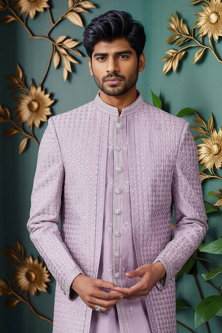 Arihant Rai Sinha_Purple Silk, Cotton Embroidery Jaali Bloom Layered Sherwani And Aligadhi Pant _Online_at_Aza_Fashions
