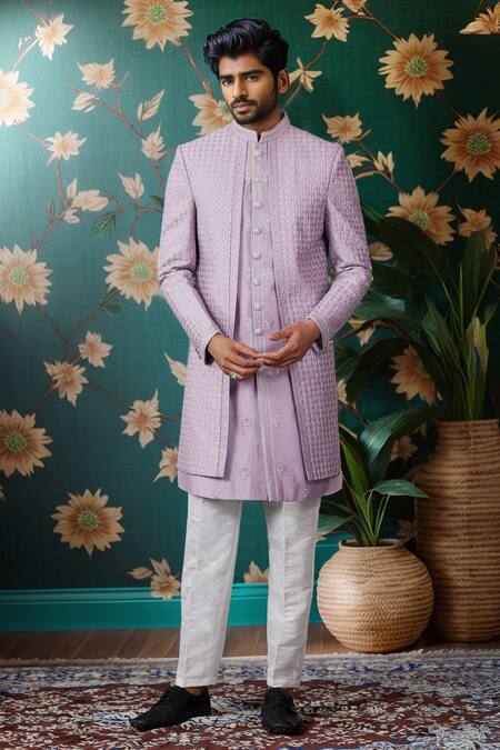 Buy_Arihant Rai Sinha_Purple Silk, Cotton Embroidery Jaali Bloom Layered Sherwani And Aligadhi Pant _Online_at_Aza_Fashions