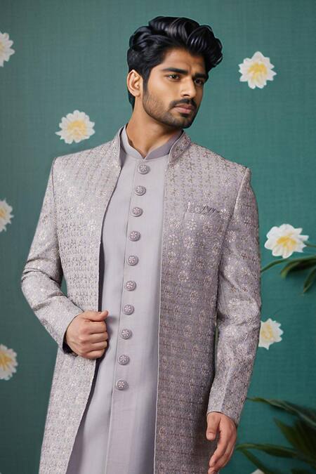 Arihant Rai Sinha Gray Silk Sequins, Embroidery Blossom Jacket And Sherwani Set Online at Aza Fashions Arihant Rai Sinha_Gray Silk Sequins, Embroidery Blossom Jacket And Sherwani Set _Online_at_Aza_Fashions