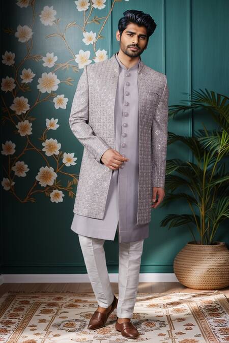 Buy Arihant Rai Sinha Gray Silk Sequins, Embroidery Blossom Jacket And Sherwani Set Online at Aza Fashions Buy_Arihant Rai Sinha_Gray Silk Sequins, Embroidery Blossom Jacket And Sherwani Set _Online_at_Aza_Fashions