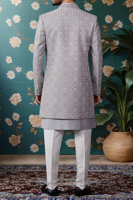 Shop Arihant Rai Sinha Gray Silk Sequins, Embroidery Blossom Jacket And Sherwani Set at Aza Fashions Shop_Arihant Rai Sinha_Gray Silk Sequins, Embroidery Blossom Jacket And Sherwani Set _at_Aza_Fashions