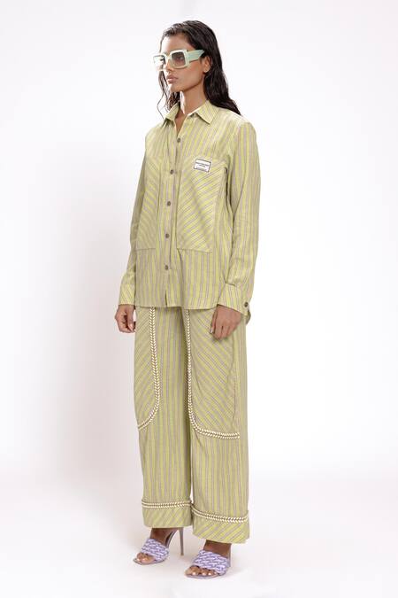 Doh Tak Keh_Green Cotton Woven Stripe Shirt_Online_at_Aza_Fashions