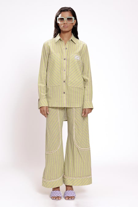 Buy_Doh Tak Keh_Green Cotton Woven Stripe Shirt_Online_at_Aza_Fashions