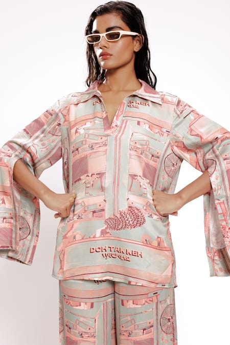 Doh Tak Keh_Green Mint Studio Printed Cape Sleeve Shirt_Online_at_Aza_Fashions