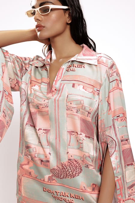 Shop_Doh Tak Keh_Green Mint Studio Printed Cape Sleeve Shirt_Online_at_Aza_Fashions