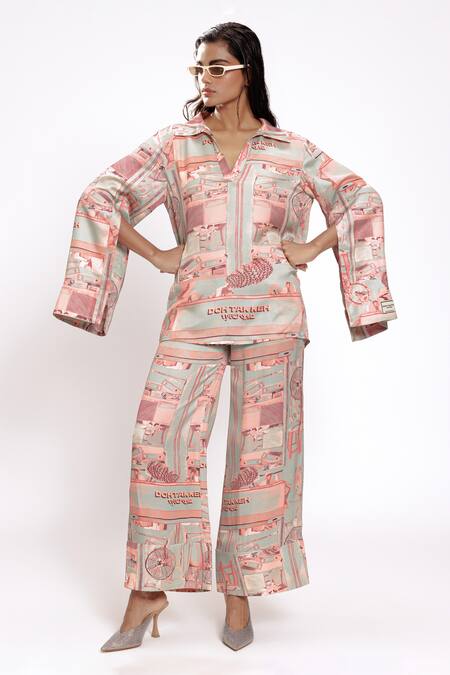 Doh Tak Keh_Green Mint Studio Printed Cape Sleeve Shirt_at_Aza_Fashions