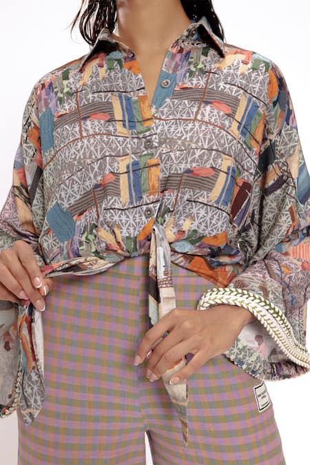 Doh Tak Keh Gray Rayon Collared Scenic Printed Tie-up Crop Shirt Online at Aza Fashions Doh Tak Keh_Gray Rayon Collared Scenic Printed Tie-up Crop Shirt_Online_at_Aza_Fashions