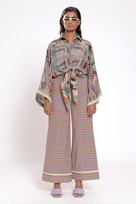 Shop Doh Tak Keh Gray Rayon Collared Scenic Printed Tie-up Crop Shirt Online at Aza Fashions Shop_Doh Tak Keh_Gray Rayon Collared Scenic Printed Tie-up Crop Shirt_Online_at_Aza_Fashions