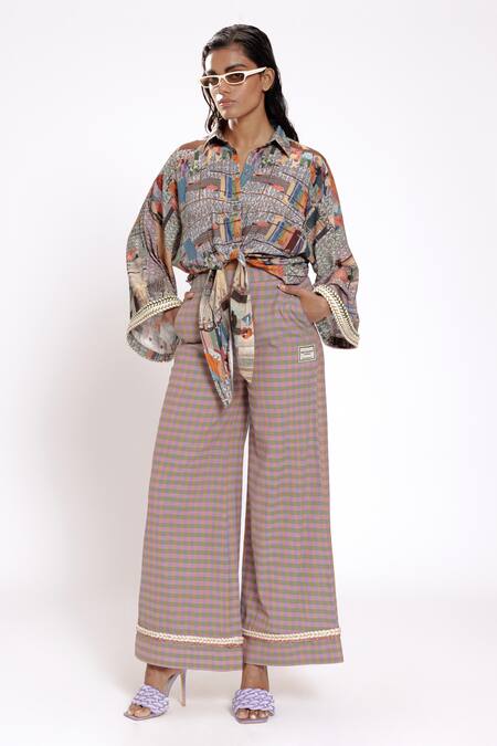 Doh Tak Keh Gray Rayon Collared Scenic Printed Tie-up Crop Shirt at Aza Fashions Doh Tak Keh_Gray Rayon Collared Scenic Printed Tie-up Crop Shirt_at_Aza_Fashions