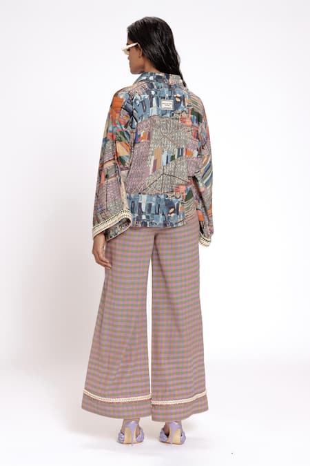 Shop Doh Tak Keh Gray Rayon Collared Scenic Printed Tie-up Crop Shirt at Aza Fashions Shop_Doh Tak Keh_Gray Rayon Collared Scenic Printed Tie-up Crop Shirt_at_Aza_Fashions