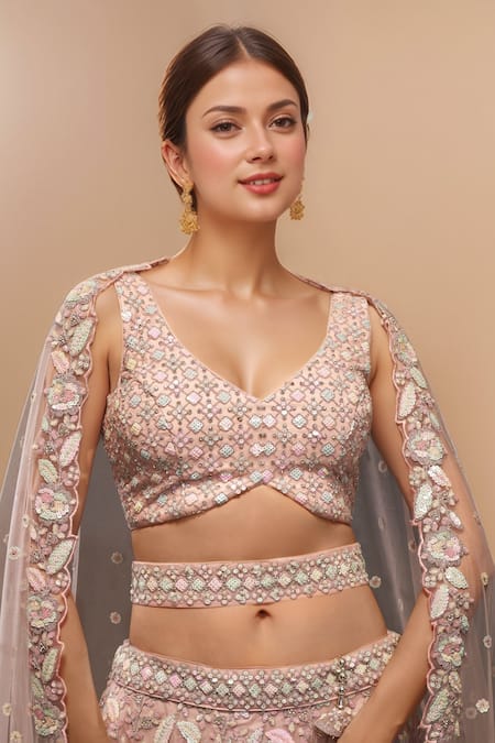 Buy_Samyukta Singhania_Pink Net, Linen Sequins, Stones Floral Paisley Embroidered Lehenga Set _Online_at_Aza_Fashions