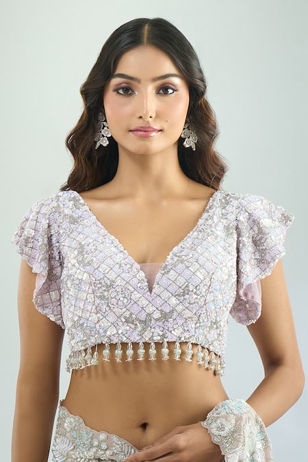 Azeera Purple Silk, Chiffon Beads, Cut Work, Sequins, Floral Saree And Blouse Set Online at Aza Fashions Azeera_Purple Silk, Chiffon Beads, Cut Work, Sequins, Floral Saree And Blouse Set _Online_at_Aza_Fashions