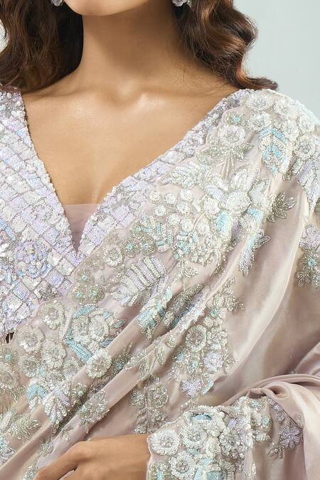 Buy Azeera Purple Silk, Chiffon Beads, Cut Work, Sequins, Floral Saree And Blouse Set Online at Aza Fashions Buy_Azeera_Purple Silk, Chiffon Beads, Cut Work, Sequins, Floral Saree And Blouse Set _Online_at_Aza_Fashions