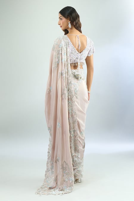 Shop Azeera Purple Silk, Chiffon Beads, Cut Work, Sequins, Floral Saree And Blouse Set at Aza Fashions Shop_Azeera_Purple Silk, Chiffon Beads, Cut Work, Sequins, Floral Saree And Blouse Set _at_Aza_Fashions