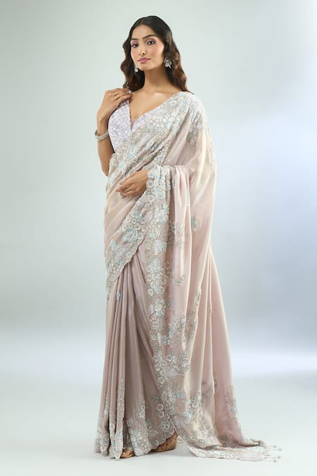 Shop Azeera Purple Silk, Chiffon Beads, Cut Work, Sequins, Floral Saree And Blouse Set Online at Aza Fashions Shop_Azeera_Purple Silk, Chiffon Beads, Cut Work, Sequins, Floral Saree And Blouse Set _Online_at_Aza_Fashions