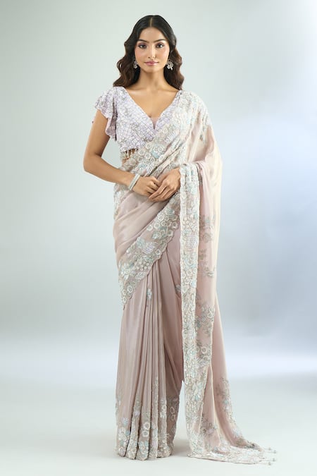 Azeera Purple Silk, Chiffon Beads, Cut Work, Sequins, Floral Saree And Blouse Set at Aza Fashions Azeera_Purple Silk, Chiffon Beads, Cut Work, Sequins, Floral Saree And Blouse Set _at_Aza_Fashions