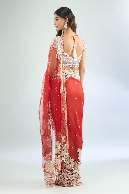 Shop Azeera Red Chiffon, Georgette Cut Work, Embroidery, Beads Floral Scallop Saree Set at Aza Fashions Shop_Azeera_Red Chiffon, Georgette Cut Work, Embroidery, Beads Floral Scallop Saree Set _at_Aza_Fashions