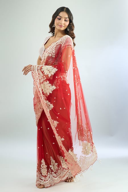Azeera Red Chiffon, Georgette Cut Work, Embroidery, Beads Floral Scallop Saree Set Online at Aza Fashions Azeera_Red Chiffon, Georgette Cut Work, Embroidery, Beads Floral Scallop Saree Set _Online_at_Aza_Fashions