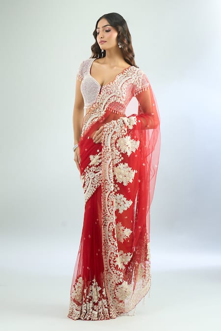 Buy Azeera Red Chiffon, Georgette Cut Work, Embroidery, Beads Floral Scallop Saree Set Online at Aza Fashions Buy_Azeera_Red Chiffon, Georgette Cut Work, Embroidery, Beads Floral Scallop Saree Set _Online_at_Aza_Fashions