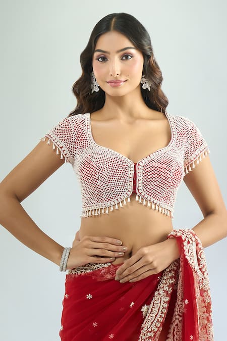 Shop Azeera Red Chiffon, Georgette Cut Work, Embroidery, Beads Floral Scallop Saree Set Online at Aza Fashions Shop_Azeera_Red Chiffon, Georgette Cut Work, Embroidery, Beads Floral Scallop Saree Set _Online_at_Aza_Fashions