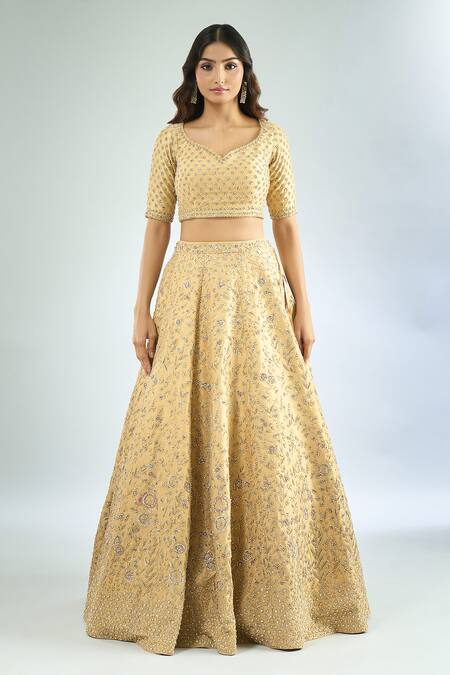 Azeera Gold Silk, Net Embroidery, Sequins, Beads Keyhole Neck Floral Lehenga Set Online at Aza Fashions Azeera_Gold Silk, Net Embroidery, Sequins, Beads Keyhole Neck Floral Lehenga Set _Online_at_Aza_Fashions