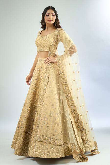 Shop Azeera Gold Silk, Net Embroidery, Sequins, Beads Keyhole Neck Floral Lehenga Set Online at Aza Fashions Shop_Azeera_Gold Silk, Net Embroidery, Sequins, Beads Keyhole Neck Floral Lehenga Set _Online_at_Aza_Fashions