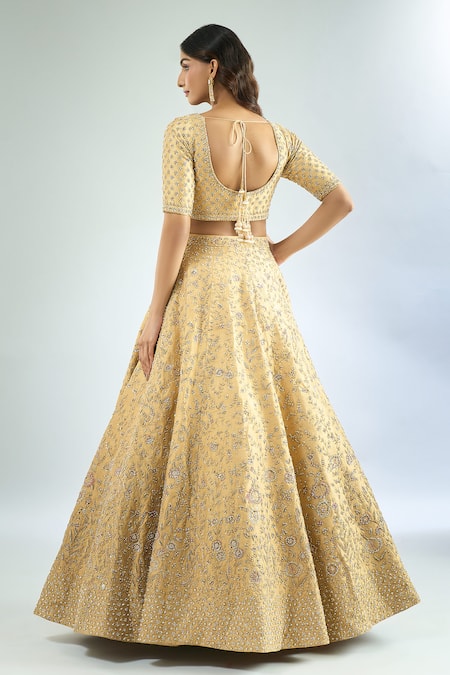 Shop Azeera Gold Silk, Net Embroidery, Sequins, Beads Keyhole Neck Floral Lehenga Set at Aza Fashions Shop_Azeera_Gold Silk, Net Embroidery, Sequins, Beads Keyhole Neck Floral Lehenga Set _at_Aza_Fashions