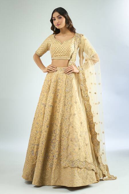 Azeera Gold Silk, Net Embroidery, Sequins, Beads Keyhole Neck Floral Lehenga Set at Aza Fashions Azeera_Gold Silk, Net Embroidery, Sequins, Beads Keyhole Neck Floral Lehenga Set _at_Aza_Fashions