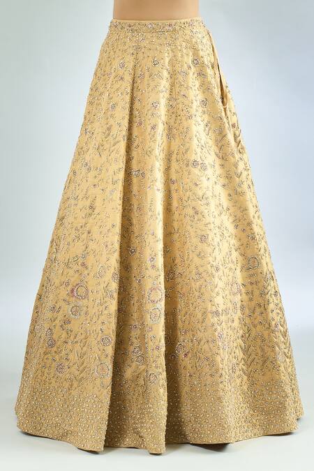 Buy Azeera Gold Silk, Net Embroidery, Sequins, Beads Keyhole Neck Floral Lehenga Set Buy_Azeera_Gold Silk, Net Embroidery, Sequins, Beads Keyhole Neck Floral Lehenga Set