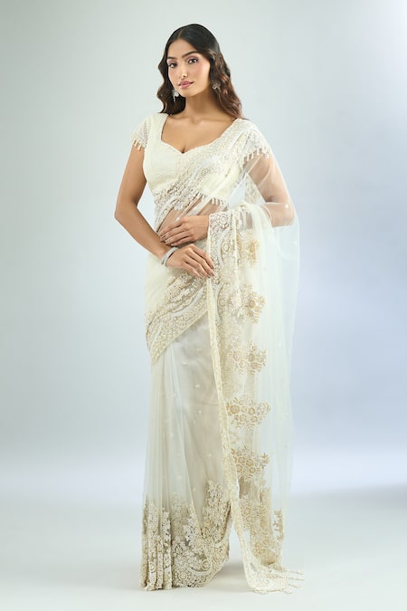 Azeera_White Cotton Beads, Embroidery, Cut Work Cutdana Saree And Blouse _Online_at_Aza_Fashions