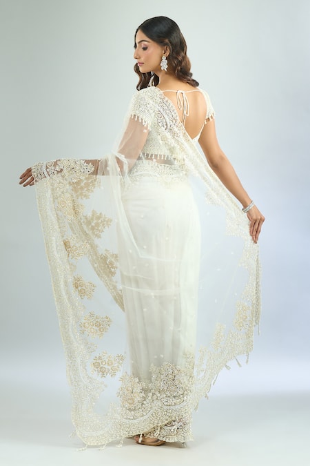 Azeera Cutdana Embroidered White Saree & Blouse 